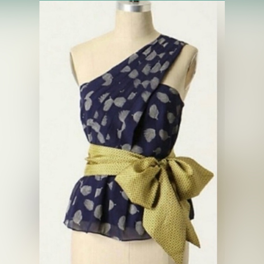 Anthropologie Navy and Gold One-Shoulder Dress